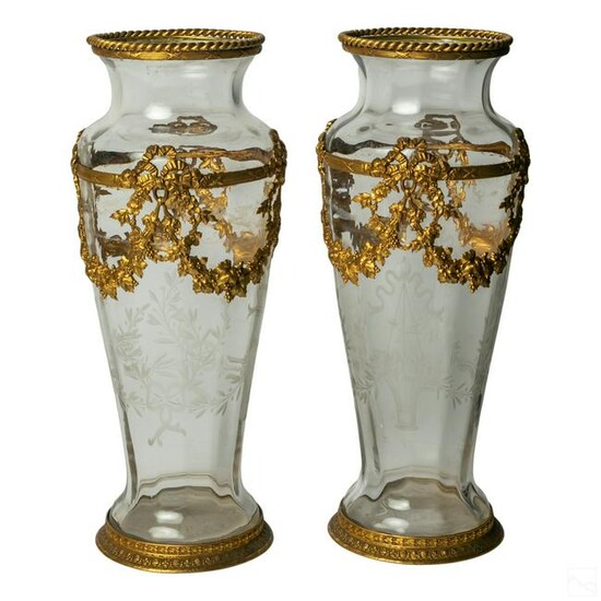 French Gilt Bronze Etched Crystal Art Glass Vases