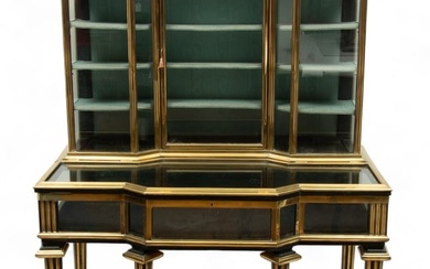 French Louis XVI Style Brass Trimmed Wood Vitrine Cabinet, H 60" W 42.5" Depth 25"