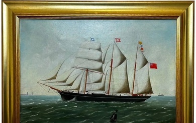 French Victorian Oil Painting Marine Barquentine Ship Charles James Off Dunkirk
