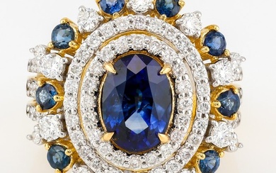 (GIA Certified)-Sapphire (1.87) Cts-Sapphire (0.72) Cts (10) Pcs-(Diamond) 1.07 Cts (91) Pcs - Ring White gold, Yellow gold