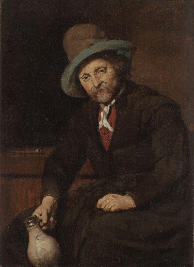 Gabriel Metsu, Dutch 1629-1667- The drinker; oil on canvas laid down on panel, bears traces of initials Ã¢â‚¬ËœG MÃ¢â‚¬â„¢ (upper right), bears old inscribed label on the reverse, 17.7 x 13 cm. Provenance: Collection of M. le Chevalier V. de...
