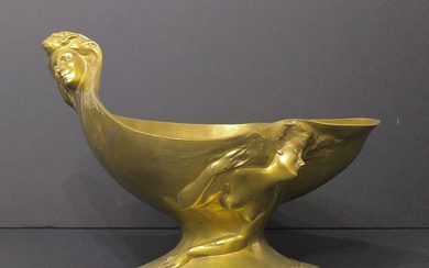 Georges Engrand - Sculpture, Large Art Nouveau Figural Bowl 'La Brise' - 24 cm - Bronze - 1900