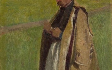 German School, late 19th / early 20th century- A man standing in a field on a summer's day, wearing a coat and hat; oil on canvas, 89.5 x 57 cm. Provenance: Private Collection, UK.