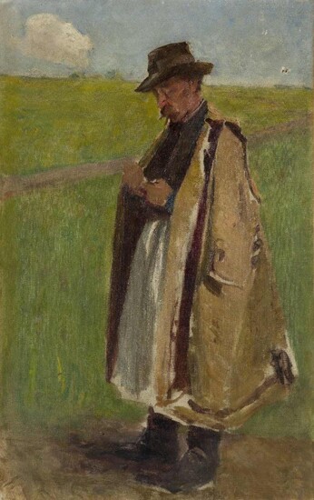 German School, late 19th / early 20th century- A man standing in a field on a summer's day, wearing a coat and hat; oil on canvas, 89.5 x 57 cm. Provenance: Private Collection, UK.