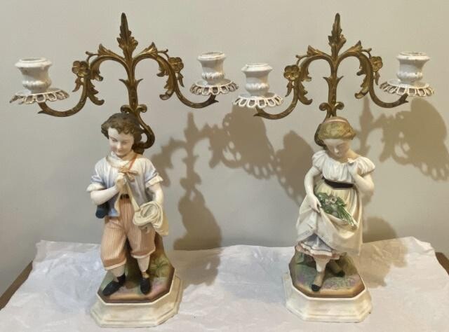 German Style Porcelain & Brass Figural Candelabras