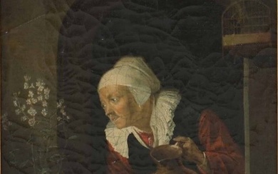 Gerrit Dou (1613-1675), Follower - Old woman watering flowers