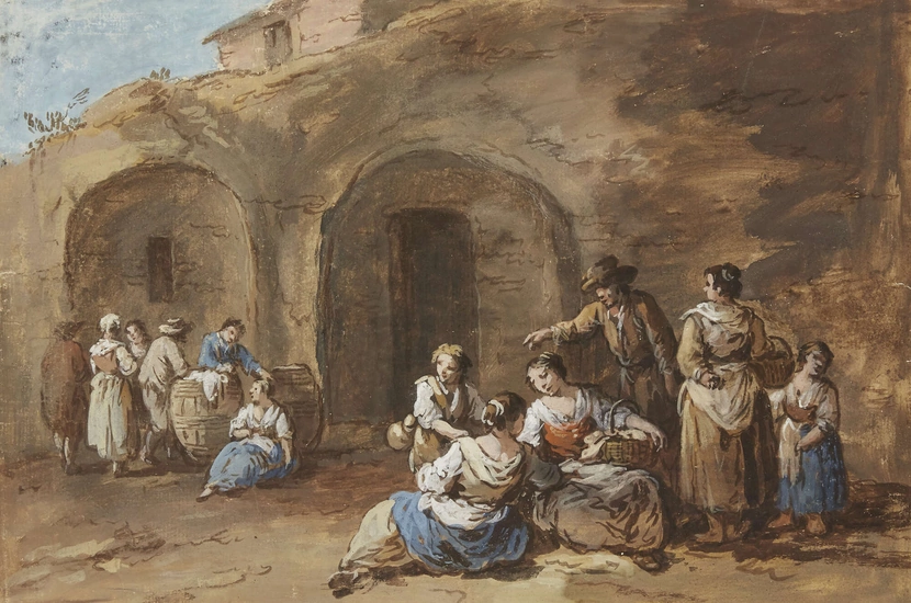 Giuseppe Zais, Italian 1709-1784- Gathering of village people outside a...