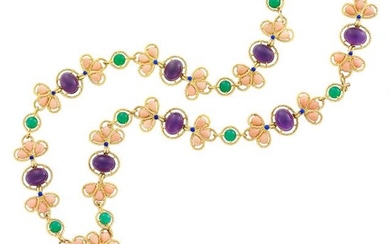 Gold, Coral, Cabochon Amethyst, Green Chrysoprase and Lapis Pendant Clip-Brooch Necklace/Bracelet Combination