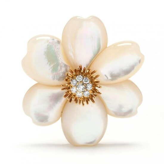 Gold, Mother-of-Pearl, and Diamond Flower Motif Brooch