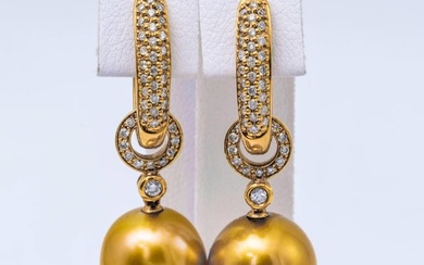 Golden South Sea Pearl Diamond Drop Earrings 0.49 Carats 18K Yellow Gold