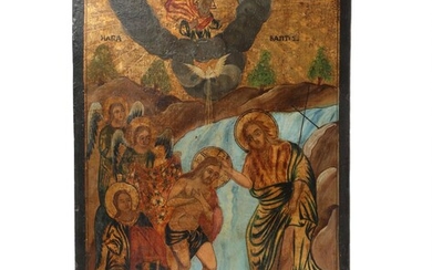 NOT SOLD. A Greek "HAGIA BAPTISI" icon, depicting the baptism og Christ. Tempera on wooden...
