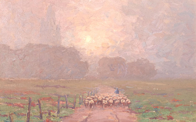 Granville Redmond (1871-1935) Shepherd Herding Sheep in a Misty Landscape...
