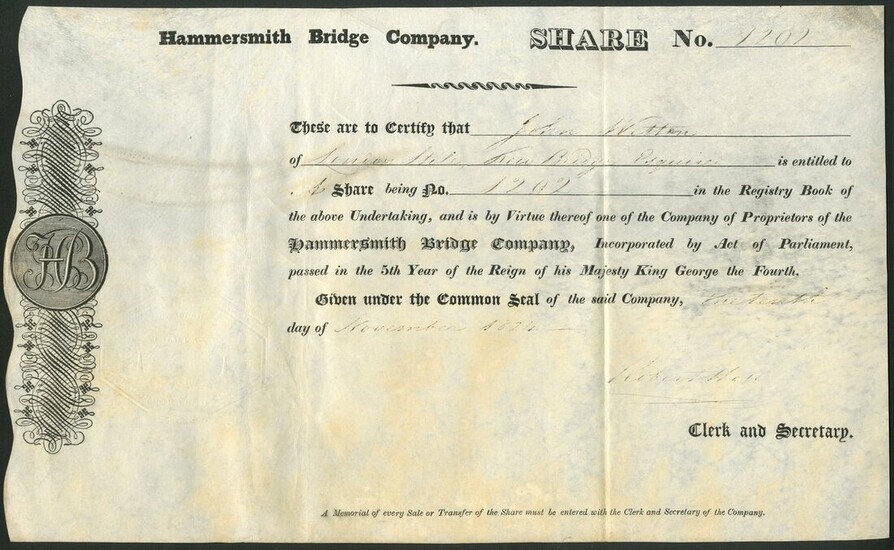 Great Britain: Hammersmith Bridge Company, certificate for one share, [1824], #1202, black prin...