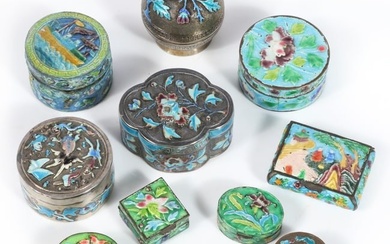Group of 11 enameled antique Chinese lustre and silver dresser vanity boxes 1"H x 2 1/4"W x 1 3/4"D
