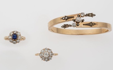 Group of gold, old-cut diamond and sapphire jewellery