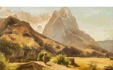 HÖFER, HEINRICH (1825-1878), "Sennerin vor Hütten im Wettersteingebirge mit Blick auf die Zugspitze"