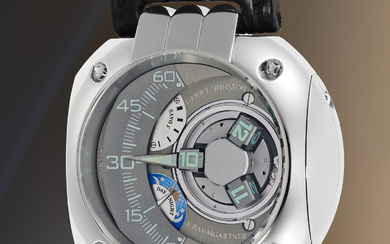 Harry Winston by Felix Baumgartner, An impressive and cutting-edge platinum wristwatch with three-dimensional satellite hour display, retrograde minutes, five-day power reserve, day and night indication, and five-year service indicator, number 39 of a...
