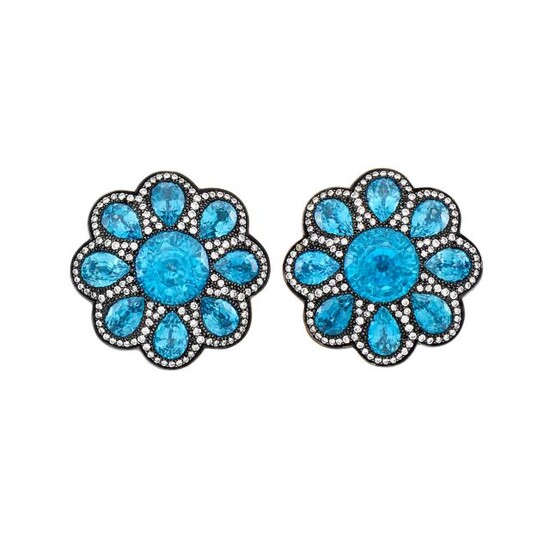 Haume Pair of Blackened Gold, Blue Zircon and Diamond Flower Earclips