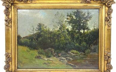 Henri HARPIGNIES (1819-1916), attribué à. Lavandières à la rivière. Huile sur papier marouflé sur toile,...
