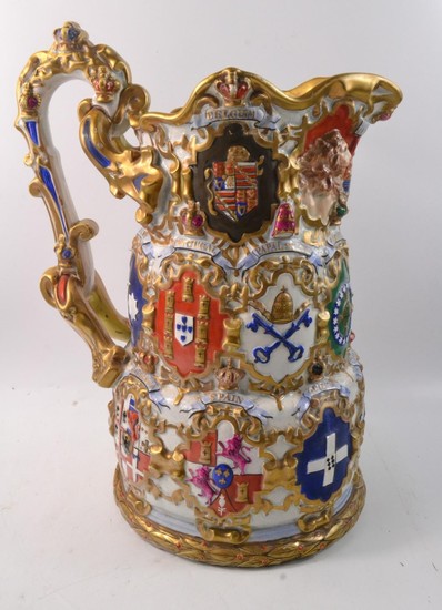 Heraldic large decorative crested jug. Damage repaired but d...