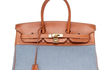 Hermès - Birkin 35 bi-matière en toile H bleue et cuir barénia fauve Handbag