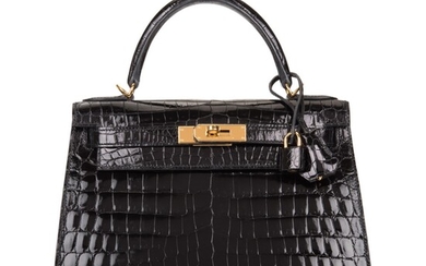 Hermès Black Sellier Kelly 28cm of Shiny Niloticus Crocodile with Gold Hardware