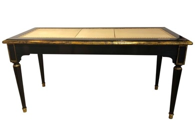 Hollywood Regency, Bench, Table, Black Lacquer Wood, Gold Greek Key, Tan Leather