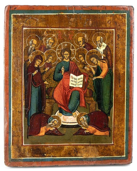 Icône russe du Christ sur le trône avec des saints - 19ème siècletempera à l'œuf...