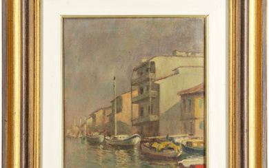 Ignoto di inizio secolo XX "Canale con barche" olio su tela (cm 30x24,5) al retro: iscrizione per autentica In…