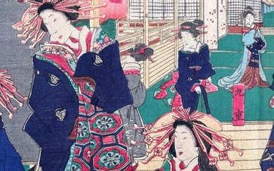 Illustration of the Hiraizumi House of Pleasure in New Yoshiwara 新よしわら平泉楼ノ図 - 1869 - Ochiai Yoshiiku 落合芳幾 (1833-1904) - Japan - Meiji period (1868-1912)