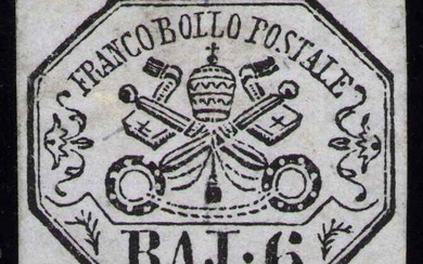 Italian Ancient States - Papal State 1852 - Coat of arms, 6 gray lilac baj, with stitching watermark - Sassone 7Aca