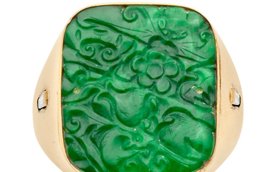 Jadeite Jade, Diamond, Gold Ring Stones: Jadeite jade carving;...