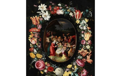 Jan Brueghel d. J. (1601 – 1678) und ein Maler der Francken-Familie, zug., DIE GEBURT CHRISTI IN BLUMENKRANZ