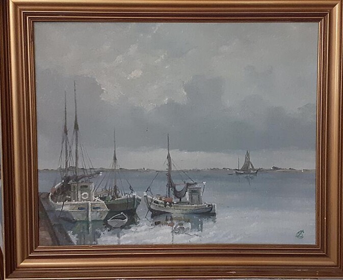 NOT SOLD. Jens Sinding Christensen: View of a harbour. Signed with monogram. Oil on canvas. 38 x 48 cm. Frame size 48 x 58 cm. – Bruun Rasmussen Auctioneers of Fine Art