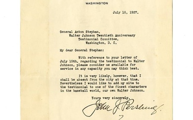 John Pershing TLS Re: Testimonial for Baseball Great Walter Johnson, with JSA LOA