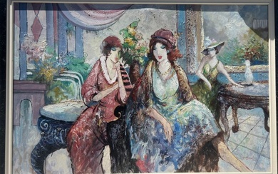K BARNES " WOMEN IN A FRENCH CAFE" VERY LARGE STUNNING OIL ON CANVAS SIGNED
