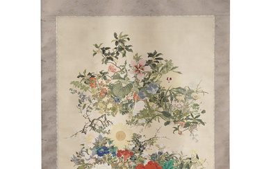 Kawabe Seiran (1868-1931), Cent fleurs et plantes, peinture sur soie, Japon, XXe s., sceau et signature 青蘭 ("Seiran"), 157x87 cm (peintu