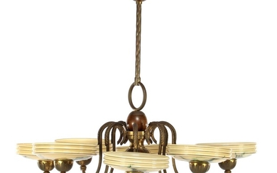 (-), Copper Art Deco 8-light chandelier with glass...
