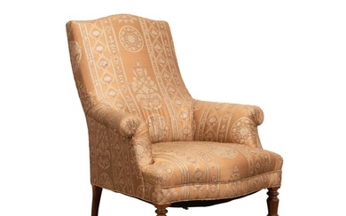 L. 19TH C. ENGLISH SILK UPHOLSTERED LOUNGE CHAIR