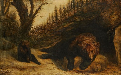LANOUE Félix Hippolyte (Versailles, 1812-1872) Ourse et son ourson près d'une grotte Huile sur toile...