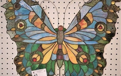 LEADED STAINED GLASS PANEL-BUTTERFLY, 20" X 22"