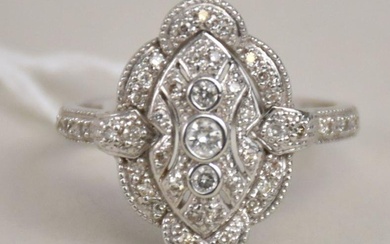 Ladies 14K White Gold Vintage Scalloped Filigree Diamond Ring. 41 hand set round shaped diamonds
