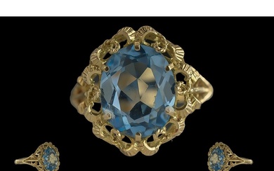 Ladies 14ct Gold Single Stone Aquamarine Set Ring, Ornate Op...