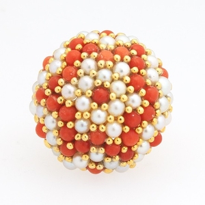 Ladies' Gold, Seed Pearl and Coral Fashion Ring