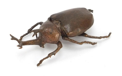 Large Japanese patinated bronze rhinoceros beetle with