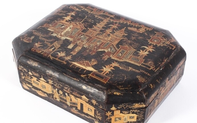 Late 19th century Chinoiserie laquered gaming box, of octagonal section