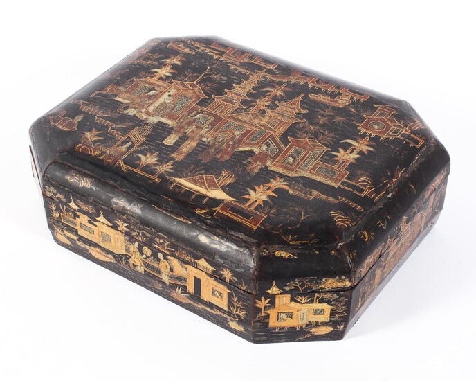 Late 19th century Chinoiserie laquered gaming box, of octagonal section
