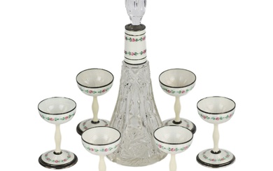 Liquor service for six persons made of crystal with silver and guilloche enamel. Early 20th century.