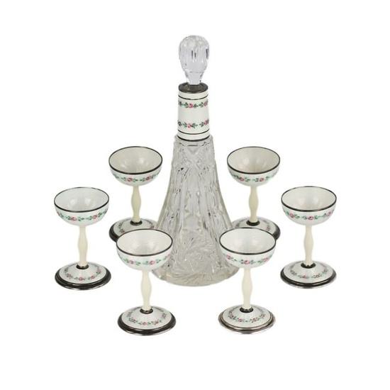Liquor service for six persons made of crystal with silver and guilloche enamel. Early 20th