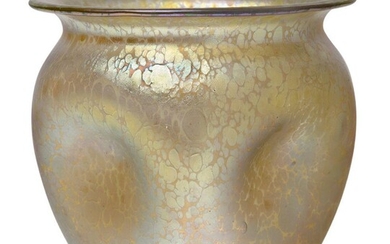 Loetz (Austrian), an iridescent Papillon vase with dimpled sides, c.1900, ground out pontil, The clear glass vase with everted rim decorated with splashes of gold iridescence, 20.7 cm high